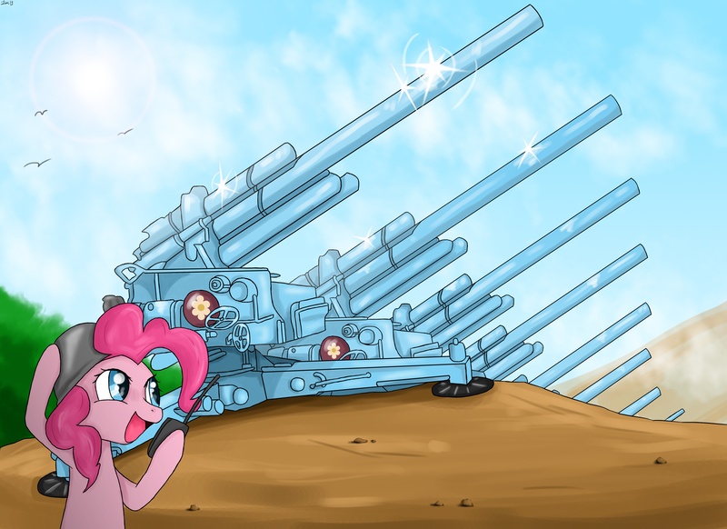 Size: 3300x2400 | Tagged: 8.8 cm flak 36, army helmet, artillery, artist:mlj-lucarias, cannon, derpibooru import, helmet, military, partillery, party cannon, pinkie pie, radio, safe, solo, weapon