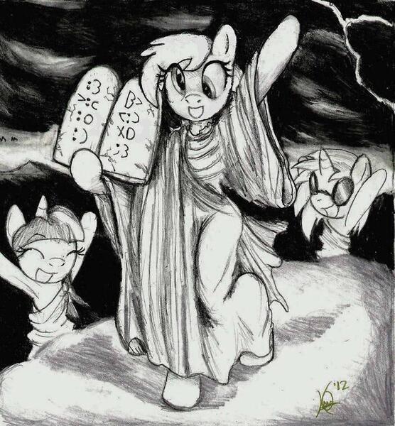 Size: 703x758 | Tagged: safe, artist:mrzash, derpibooru import, derpy hooves, twilight sparkle, vinyl scratch, pegasus, pony, christianity, female, judaism, mare, monochrome, moses, religion, ten commandments