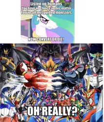 Size: 818x960 | Tagged: alpha numbers, brave series, dancouga, eva-01, exploitable meme, fanfic:the conversion bureau, genesic gaogaigar, getter robo, great mazinger, gunbuster, gundam, humanity fuck yeah, ideon, king j der, king of braves gaogaigar, kotetsu jeeg, mazinger, mazinger z, mazinkaiser, meme, neon genesis evangelion, princess celestia, safe, shin getter robo, srx altered banpreios, super robot wars, the conversion bureau, wrong universe, xenolestia