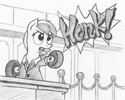 Size: 1494x1200 | Tagged: safe, artist:asai-gomen, derpibooru import, oc, oc:wheely bopper, unofficial characters only, original species, wheelpone, ace attorney, clothes, courtroom, grayscale, honk, image, jpeg, monochrome, objection, parody, sketch, solo, suit, traditional art, translated in the description