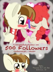 Size: 1000x1350 | Tagged: artist:minkidoodles, blushing, clothes, crush, derpibooru import, feathertwist, featherweight, featherweight responds, followers, glasses, kissing, milestone, safe, scarf, shipping, thought bubble, twist