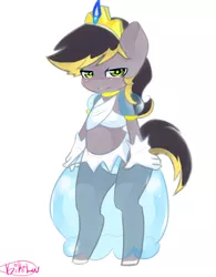 Size: 800x1024 | Tagged: anthro, anthro oc, artist:kikiluv, clothes, crossdressing, derpibooru import, dress, implied foalcon, male, oc, oc:aero, offspring, parent:derpy hooves, parent:oc:warden, parents:canon x oc, parents:warderp, pegasus, simple background, solo, solo male, suggestive, tiara, trap, unguligrade anthro, unofficial characters only, white background, wingless, wingless anthro
