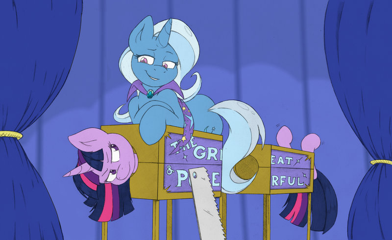 Size: 1290x790 | Tagged: safe, artist:joey darkmeat, artist:shawnyall, derpibooru import, trixie, twilight sparkle, pony, unicorn, box sawing trick, colored, cut-up by joey darkmeat, female, half, lesbian, magic show, magic trick, mare, modular, saw, shipping, twixie