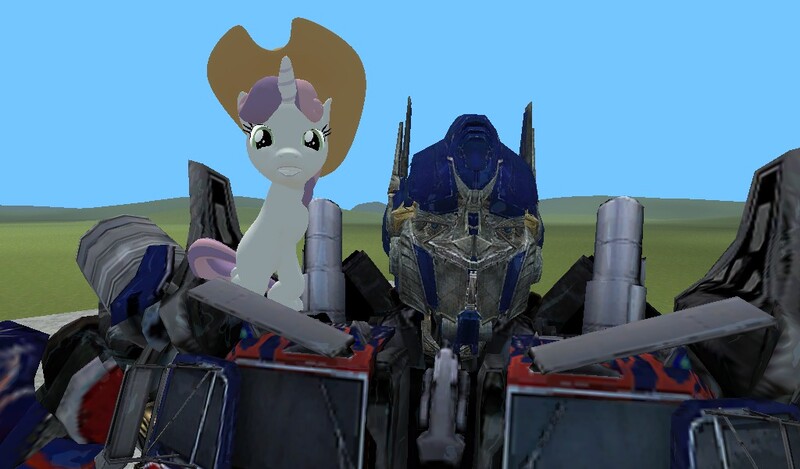 Size: 1024x600 | Tagged: safe, derpibooru import, sweetie belle, 3d, bayformers, crossover, gmod, happy, optimus prime