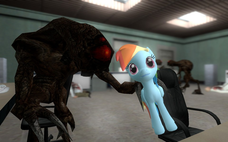 Size: 960x600 | Tagged: 3d, alien slave, artist:pinkie diane roosevelt phd, derpibooru import, doll, gmod, half-life, rainbow dash, safe, scientist, toy, vortigaunt