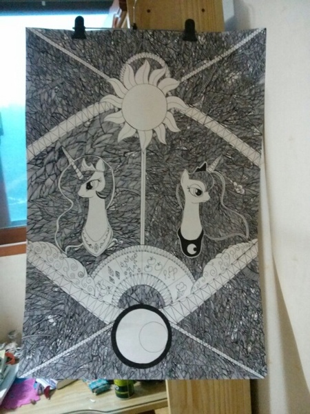 Size: 480x640 | Tagged: analog art, artist:pz, derpibooru import, patterns, princess celestia, princess luna, safe, zentangle