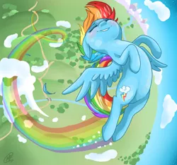 Size: 750x700 | Tagged: artist:mc10215, backbend, cloud, cloudy, eyes closed, flight trail, flying, happy, high, rainbow, rainbow dash, rainbow trail, safe, smiling, solo, trail, vertigo