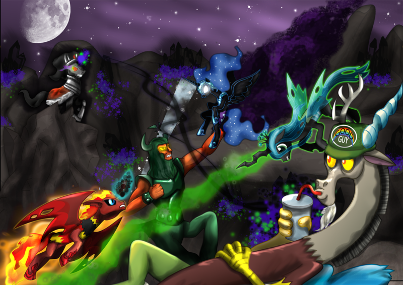 Size: 1366x966 | Tagged: safe, artist:stalinthestallion, derpibooru import, discord, king sombra, lord tirek, nightmare moon, queen chrysalis, sunset shimmer, alicorn, centaur, changeling, changeling queen, demon, demon pony, draconequus, original species, pony, unicorn, antagonist, blast, female, fight, g1, g1 to g4, g4, generation leap, magic, magic beam, magic blast, male, mare, moon, night, stallion, sunset satan, tirac