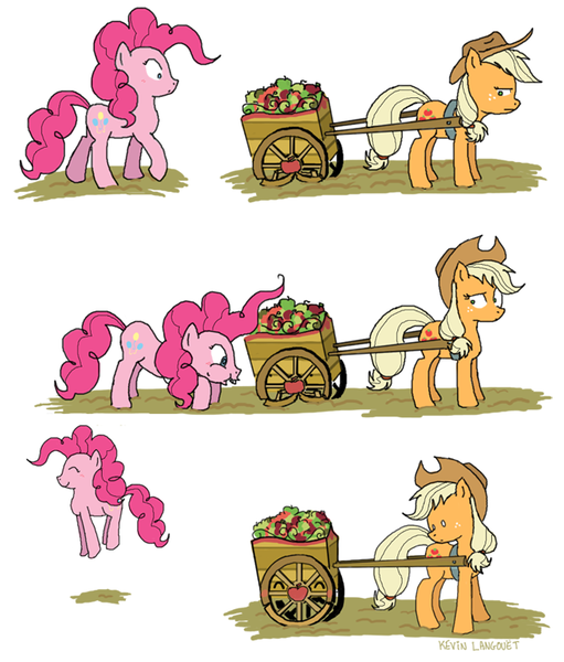 Size: 650x763 | Tagged: apple, applejack, artist:foudubulbe, cart, comic, derpibooru import, how, pinkie being pinkie, pinkie pie, safe, smiling, wheel