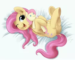Size: 3000x2400 | Tagged: safe, artist:steffy-beff, derpibooru import, fluttershy, pegasus, pony, bed, cute, dock, female, hnnng, looking at you, mare, on back, plushie, shyabetes, solo, underhoof, wink