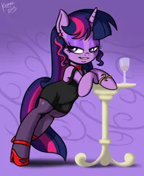 Size: 2200x2700 | Tagged: safe, artist:killryde, derpibooru import, twilight sparkle, pony, bedroom eyes, bipedal, bipedal leaning, clothes, dress, glass, high heels, lipstick, little black dress, pantyhose, solo, table, wine glass