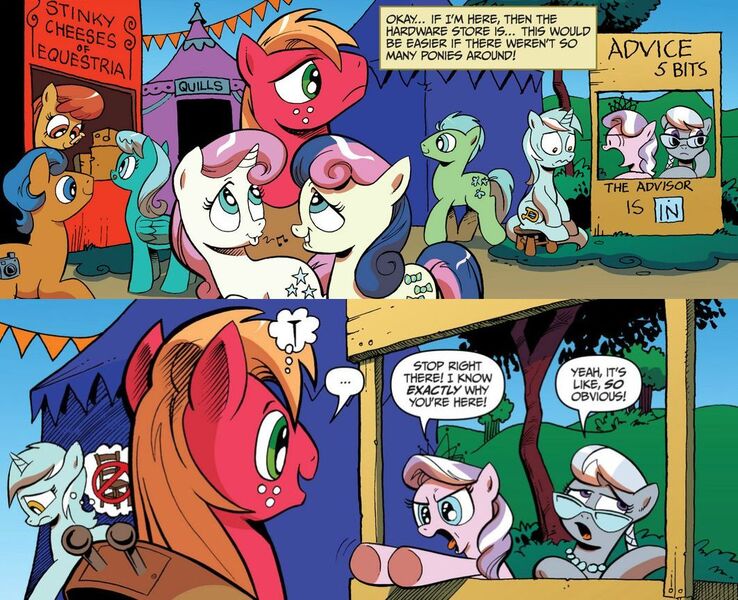 Size: 1062x863 | Tagged: safe, artist:andypriceart, derpibooru import, idw, big macintosh, bon bon, diamond tiara, lyra heartstrings, silver spoon, sweetie drops, twinkleshine, earth pony, pegasus, pony, spoiler:comic09, andy you magnificent bastard, big macintosh gets all the mares, bonmac, charles m schulz, charlie brown, cheese, diamond tiara's bad advice, glasses, lip bite, lucy's advice booth, male, peanuts, sitting lyra, smelly, stallion, style emulation, twinklemac