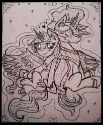 Size: 450x550 | Tagged: safe, artist:ghostfacenikol, derpibooru import, king sombra, princess luna, female, lumbra, male, monochrome, shipping, straight