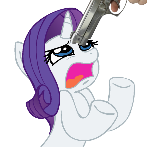 Size: 945x943 | Tagged: beretta, derpibooru import, edgy, grimdark, gun, hater, m9, pistol, rarifan tears, rarity, scared, weapon