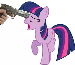 Size: 2397x2073 | Tagged: semi-grimdark, derpibooru import, twilight sparkle, pony, beretta, edgy, female, gun, hater, imminent death, imminent murder, internet tough guy, m9, mare, missing horn, pistol, scared