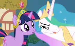 Size: 1159x708 | Tagged: safe, derpibooru import, screencap, princess celestia, twilight sparkle, alicorn, pony, unicorn, big crown thingy, element of magic, female, jewelry, mare, out of context, regalia