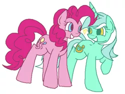 Size: 499x375 | Tagged: safe, artist:rareponypairings, derpibooru import, lyra heartstrings, pinkie pie, earth pony, pony, unicorn, eye contact, female, heart, lesbian, looking at each other, lyrapie, no catchlights, shipping, simple background, white background