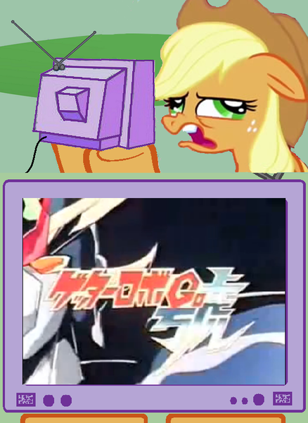 Size: 563x771 | Tagged: applejack, derpibooru import, exploitable meme, getter robo, getter robo go, meme, obligatory pony, safe, tv meme