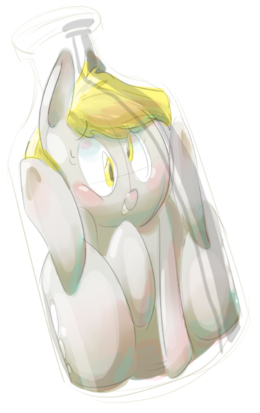 Size: 708x1128 | Tagged: safe, artist:secretgoombaman12345, derpibooru import, derpy hooves, pegasus, pony, blushing, bonsai pony, bottle, cute, female, mare, pony in a bottle, solo, stuck