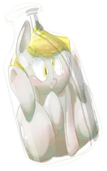 Size: 708x1128 | Tagged: safe, artist:secretgoombaman12345, derpibooru import, derpy hooves, pegasus, pony, blushing, bonsai pony, bottle, cute, female, mare, pony in a bottle, solo, stuck