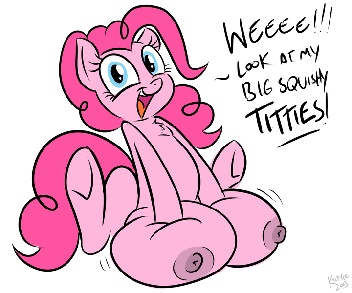 Size: 2400x2000 | Tagged: artist:killryde, chest fluff, crotchboobs, derpibooru import, dialogue, female, funny porn, grope, impossibly large crotchboobs, jiggle, looking at you, nipples, nudity, open mouth, pinkie pie, questionable, simple background, sitting, solo, solo female, squishy, that pony sure does love crotchboobs, underhoof, white background