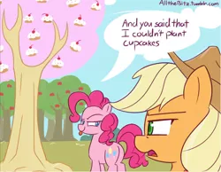 Size: 644x499 | Tagged: safe, artist:lance, derpibooru import, applejack, pinkie pie, earth pony, pony, cupcake, cupcake tree, dialogue, duo, female, fluttertree, mare, pinkie being pinkie, pinkie physics, plot, raspberry, text, tongue out