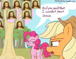 Size: 644x499 | Tagged: safe, derpibooru import, edit, applejack, pinkie pie, jesus christ, joke, religion, wat