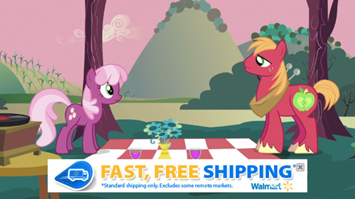 Size: 500x281 | Tagged: safe, derpibooru import, screencap, big macintosh, cheerilee, earth pony, pony, hearts and hooves day (episode), cheerimac, exploitable meme, hearts and hooves day, juxtaposition, juxtaposition win, male, meme, pun, shipping, stallion, straight, visual pun, walmart, youtube