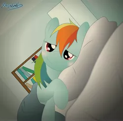 Size: 4536x4440 | Tagged: absurd resolution, artist:fluffyxai, bed, morning ponies, pillow, pov, rainbow dash, safe, solo