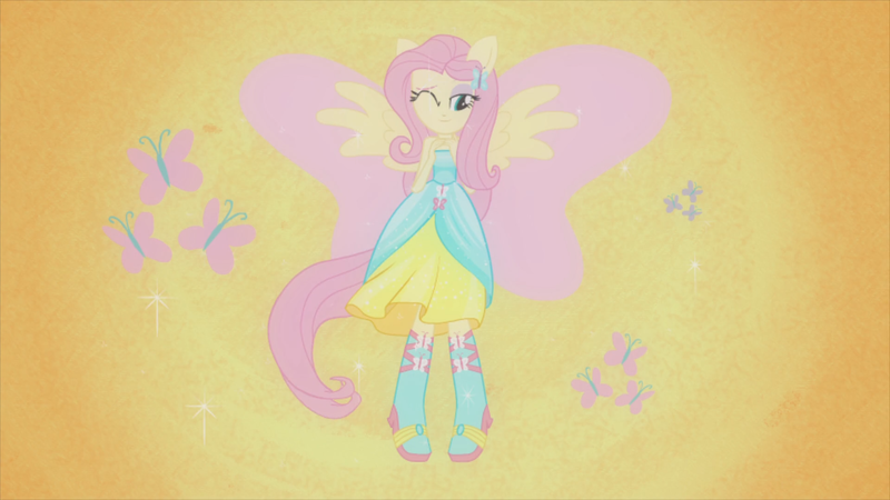 Size: 1920x1080 | Tagged: safe, derpibooru import, fluttershy, butterfly, human, equestria girls, equestria girls (movie), beautiful, boots, element of kindness, fall formal outfits, harmonic transformation, high heel boots, ponied up, ponytail, solo, wings