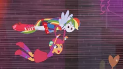 Size: 1920x1080 | Tagged: safe, derpibooru import, screencap, rainbow dash, scootaloo, equestria girls, equestria girls (movie), boots, fall formal outfits, flying, ponied up, scootalove, shoes, this is our big night, wings