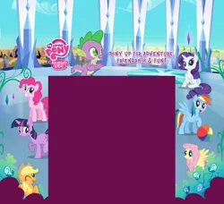 Size: 1600x1462 | Tagged: applejack, beach ball, crystal empire, derpibooru import, fluttershy, hubworld, mane seven, mane six, my little pony logo, official, pinkie pie, rainbow dash, rarity, safe, spike, twilight sparkle