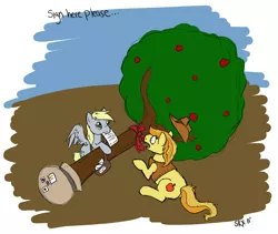 Size: 992x836 | Tagged: safe, artist:pterosaurpony, derpibooru import, bloomberg, braeburn, derpy hooves, pegasus, pony, female, mail, mare, tree