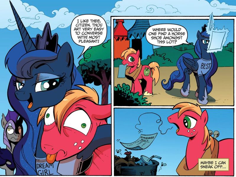 Size: 1012x761 | Tagged: safe, artist:andypriceart, derpibooru import, idw, big macintosh, princess luna, earth pony, pony, spoiler:comic, spoiler:comic09, clothes, comic, magic shirt, male, night guard, stallion, t-shirt