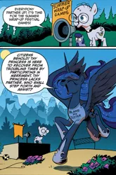 Size: 585x887 | Tagged: safe, artist:andypriceart, derpibooru import, idw, big macintosh, mr. waddle, princess luna, alicorn, earth pony, pony, spoiler:comic, spoiler:comic09, blame my sister, clerical collar, clothes, comic, elderly, female, glasses, liver spots, magic shirt, male, mare, megaphone, open mouth, spread wings, stallion, t-shirt, wings