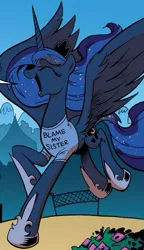 Size: 337x585 | Tagged: safe, artist:andypriceart, derpibooru import, idw, princess luna, pony, spoiler:comic, blame my sister, clothes, cute, happy, landing, lunabetes, magic shirt, silly, silly pony, solo, t-shirt