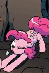Size: 428x636 | Tagged: derpibooru import, exploitable meme, idw, iwtcird, out of context, pinkie pie, safe, solo, stretching, wink