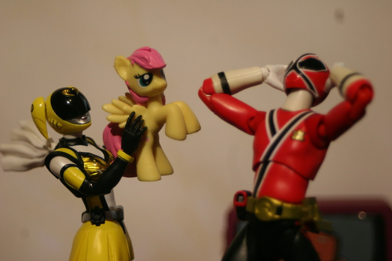 Size: 1280x853 | Tagged: akibaranger, akibayellow, derpibooru import, fluttershy, safe, shinkenger, shinkenred