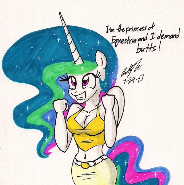 Size: 1106x1109 | Tagged: anthro, artist:newyorkx3, belly button, breasts, busty princess celestia, butts, cleavage, clothes, derpibooru import, female, grin, midriff, princess celestia, smiling, solo, solo female, squee, suggestive, traditional art