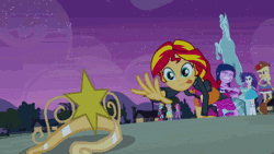 Size: 450x253 | Tagged: safe, derpibooru import, screencap, applejack, fluttershy, pinkie pie, rainbow dash, rarity, spike, sunset shimmer, twilight sparkle, dog, equestria girls, equestria girls (movie), animated, cute, gif, mane seven, mane six, shimmerbetes, spike the dog, sunset shimmer reaching for things