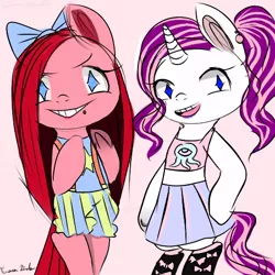 Size: 512x512 | Tagged: safe, artist:pipomanager-mimmi, derpibooru import, pinkie pie, rarity, pony, alternate hairstyle, bipedal, clothes, midriff, pinkamena diane pie, skirt, smiling, suspenders, wingding eyes