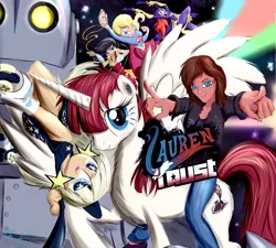 Size: 960x864 | Tagged: artist:frist44, batgirl, birthday, crossover, derpibooru import, happy birthday, happy birthday lauren faust, human, lauren faust, milky way and the galaxy girls, oc, oc:fausticorn, ponified, riding, roller skates, safe, super best friends forever, supergirl, the iron giant, wonder girl