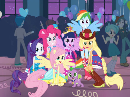 Size: 532x398 | Tagged: safe, derpibooru import, screencap, applejack, fluttershy, pinkie pie, rainbow dash, rarity, spike, tennis match, twilight sparkle, equestria girls, equestria girls (movie), background human, balloon, bare shoulders, boots, equestria girls prototype, fall formal, fall formal outfits, hat, high heel boots, mane seven, mane six, ponied up, ponytail, sleeveless, strapless, top hat, wings