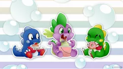 Size: 1920x1080 | Tagged: artist:gabapple, bob, bobblun, bobby, bub, bubble bobble, bubblun, bubby, cake, crossover, derpibooru import, donut, ice cream, safe, spike, taito, wallpaper