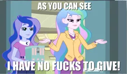 Size: 1250x728 | Tagged: safe, derpibooru import, edit, edited screencap, screencap, princess celestia, princess luna, equestria girls, equestria girls (movie), caption, clothes, cutie mark, cutie mark accessory, cutie mark on clothes, duo, image macro, no fucks, principal celestia, vice principal luna, vulgar