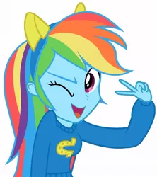 Size: 890x1003 | Tagged: cute, derpibooru import, equestria girls, equestria girls (movie), looking at you, open mouth, peace sign, rainbow dash, safe, simple background, smiling, solo, vector, white background, wink