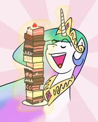 Size: 542x670 | Tagged: safe, artist:grilledcat, derpibooru import, princess celestia, alicorn, pony, cake, cakelestia, eyes closed, female, food, magic, mare, open mouth, pile, solo, telekinesis