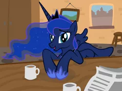 Size: 1500x1125 | Tagged: artist:selenophile, coffee, cup, drink, mug, paper, princess luna, safe, solo