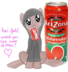 Size: 1356x1435 | Tagged: 4chan, arizona ice tea, artist:mushrooshi, candy, clothes, derpibooru import, drink, heart, hoodie, /mlp/, mouth hold, oc, /pol/, ponified, safe, skittles, solo, trayvon martin, unofficial characters only