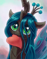 Size: 3200x4000 | Tagged: :3, artist:kp-shadowsquirrel, biting, bronybait, changeling, cute, cutealis, derpibooru import, eye clipping through hair, fangs, female, heart, looking at you, love, mouth hold, nymph, photoshop, queen chrysalis, safe, smiling, solo, younger